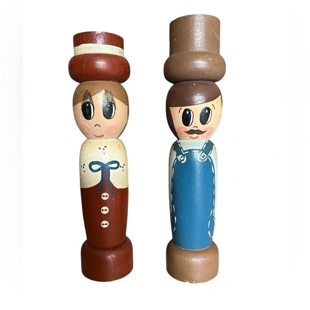 Primitive Wood Painted Americana Couple Set of Two Big Eyed Candle Holders